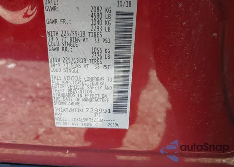 2019 Nissan Rogue Sl z USA, uszkodzony, nr VIN 5N1AT2MT3KC729991
